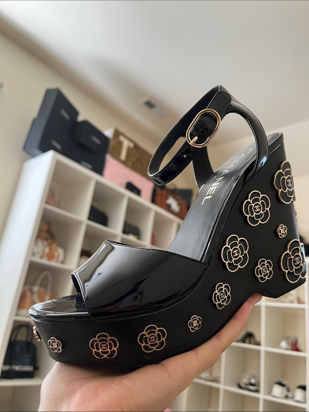 CHANEL Black Floral Wedge Sandals